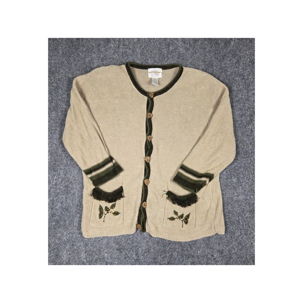 Christopher & Banks Cardigan Sweater Womens Large Tan Linen Silk Embroidered